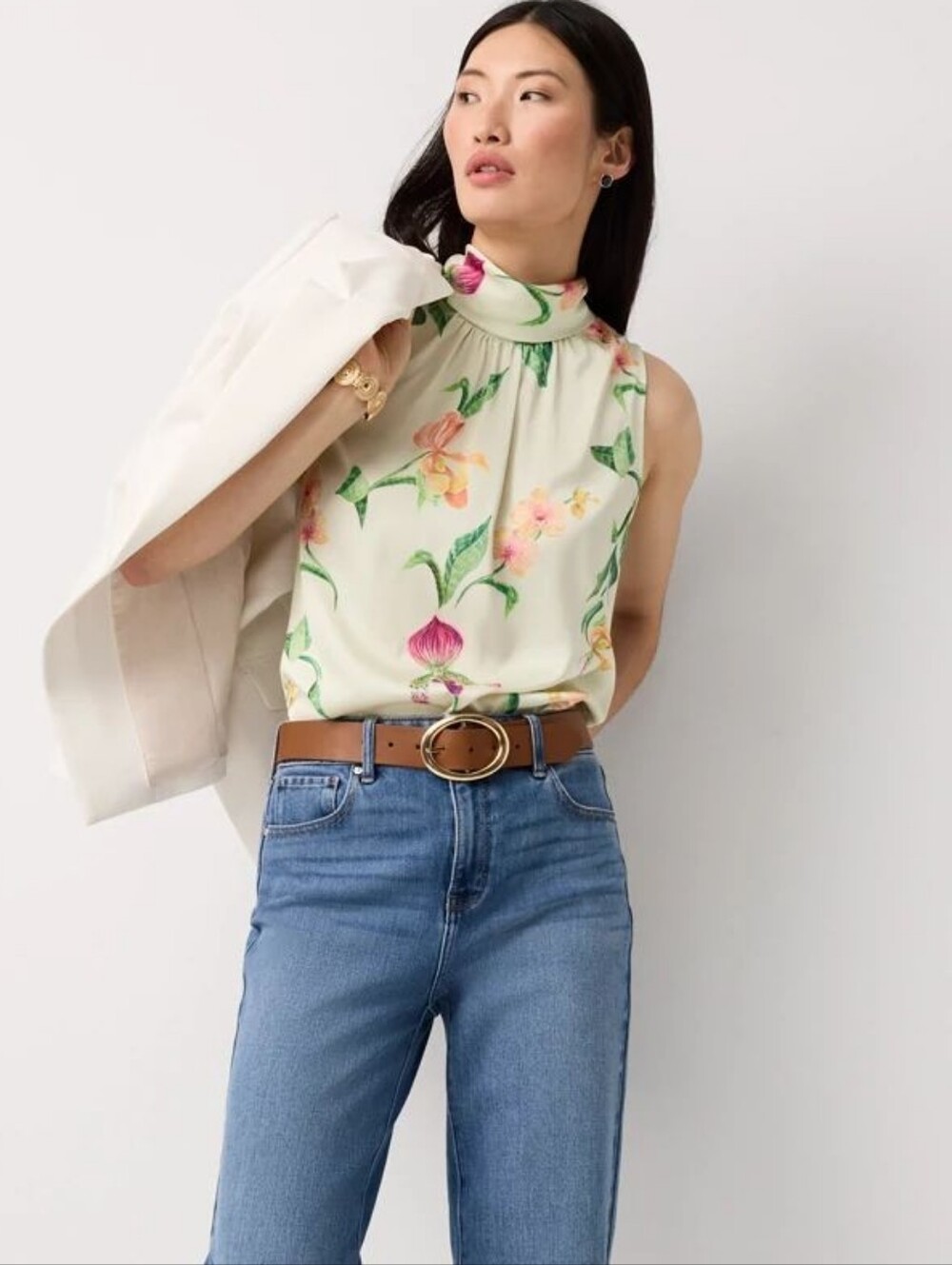 White House Black Market Cream Floral High-Neck Sleeveless Blouse